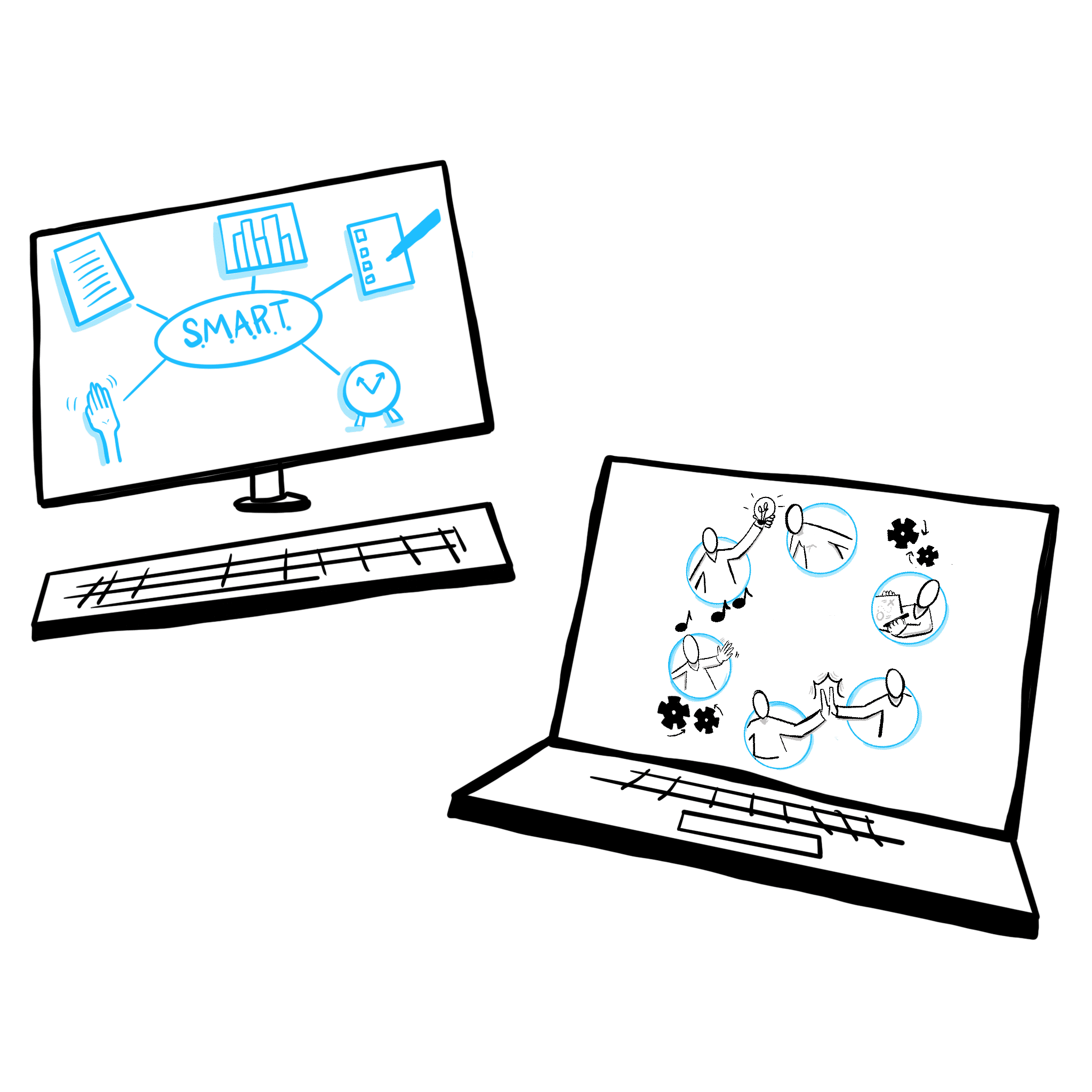 two computers with people meeting in a circle